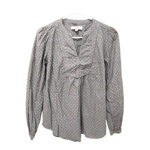 LOFT Womens Top S Peasant Grey Floral 100% Cotton V-Neck Long Sleeve